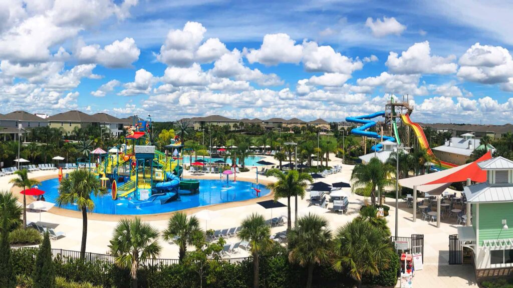 Panoramic view of Encore Resort at Reunion’s Water Park surrounded by luxury vacation homes