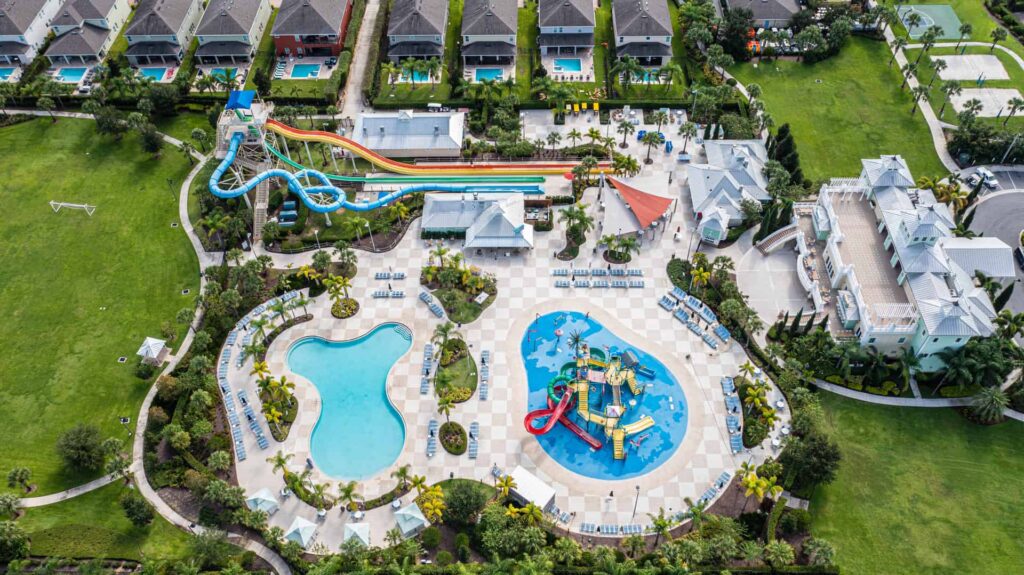 Bird’s eye view of water park and vacation homes at Encore Resort at Reunion in Orlando, Florida