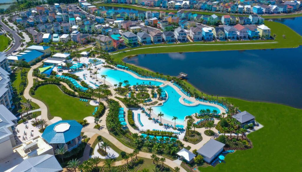 Margaritaville Resort Orlando hotel, pools, waterfront, and Private Cottages